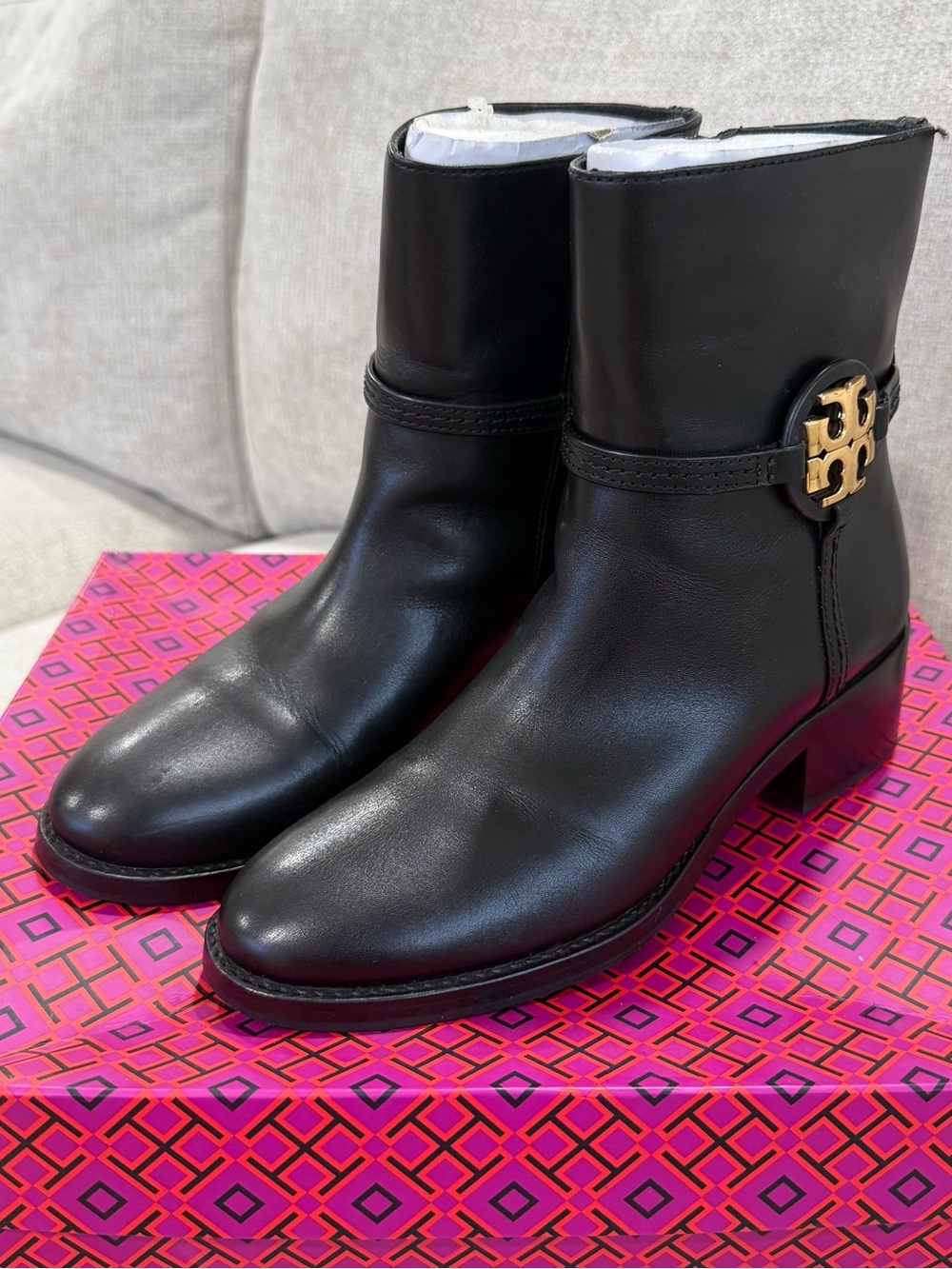 Tory Burch Miller Black Leather Mid-Heel Ankle Boots with Gold Logo Detail